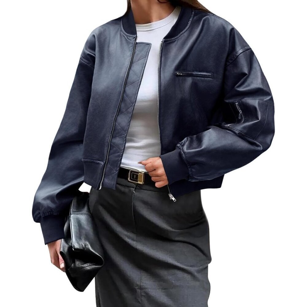 🆕Women Dark Blue Faux Leather Cropped Bomber Jacket Baseball Collar Zip Up